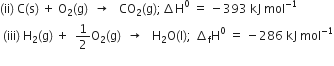 left parenthesis ii right parenthesis space straight C left parenthesis straight s right parenthesis space plus space straight O subscript 2 left parenthesis straight g right parenthesis space space rightwards arrow space space space CO subscript 2 left parenthesis straight g right parenthesis semicolon increment straight H to the power of 0 space equals space minus 393 space kJ space mol to the power of negative 1 end exponent
space left parenthesis iii right parenthesis space straight H subscript 2 left parenthesis straight g right parenthesis space plus space space 1 half straight O subscript 2 left parenthesis straight g right parenthesis space space rightwards arrow space space space straight H subscript 2 straight O left parenthesis straight l right parenthesis semicolon space increment subscript straight f straight H to the power of 0 space equals space minus 286 space kJ space mol to the power of negative 1 end exponent
space space space space space space space space space space space space space space space space space space space space space space space space space space space space space space space space space space space