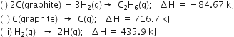 left parenthesis straight i right parenthesis space 2 straight C left parenthesis graphite right parenthesis space plus space 3 straight H subscript 2 left parenthesis straight g right parenthesis rightwards arrow space space straight C subscript 2 straight H subscript 6 left parenthesis straight g right parenthesis semicolon space space space increment straight H space equals space minus 84.67 space kJ
left parenthesis ii right parenthesis space straight C left parenthesis graphite right parenthesis space space rightwards arrow space space straight C left parenthesis straight g right parenthesis semicolon space space space increment straight H space equals space 716.7 space kJ
left parenthesis iii right parenthesis space straight H subscript 2 left parenthesis straight g right parenthesis space space space rightwards arrow space space 2 straight H left parenthesis straight g right parenthesis semicolon space space space increment straight H space equals space 435.9 space kJ