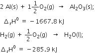 2 space Al left parenthesis straight s right parenthesis space plus space 1 1 half straight O subscript 2 left parenthesis straight g right parenthesis space space rightwards arrow space space space Al subscript 2 straight O subscript 3 left parenthesis straight s right parenthesis semicolon
space space increment subscript straight r straight H to the power of 0 space equals space minus 1667.8 space kJ
straight H subscript 2 left parenthesis straight g right parenthesis space plus space 1 half straight O subscript 2 left parenthesis straight g right parenthesis space space space rightwards arrow space space space straight H subscript 2 straight O left parenthesis straight l right parenthesis semicolon space
increment subscript straight r straight H to the power of 0 space equals space minus 285.9 space kJ