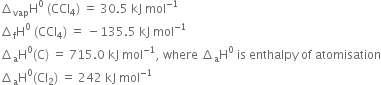 increment subscript vap straight H to the power of 0 space left parenthesis CCl subscript 4 right parenthesis space equals space 30.5 space kJ space mol to the power of negative 1 end exponent
increment subscript straight f straight H to the power of 0 space left parenthesis CCl subscript 4 right parenthesis space equals space minus 135.5 space kJ space mol to the power of negative 1 end exponent
increment subscript straight a straight H to the power of 0 left parenthesis straight C right parenthesis space equals space 715.0 space kJ space mol to the power of negative 1 end exponent comma space where space increment subscript straight a straight H to the power of 0 space is space enthalpy space of space atomisation
increment subscript straight a straight H to the power of 0 left parenthesis Cl subscript 2 right parenthesis space equals space 242 space kJ space mol to the power of negative 1 end exponent