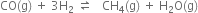 CO left parenthesis straight g right parenthesis space plus space 3 straight H subscript 2 space rightwards harpoon over leftwards harpoon space space space CH subscript 4 left parenthesis straight g right parenthesis space plus space straight H subscript 2 straight O left parenthesis straight g right parenthesis