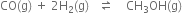 CO left parenthesis straight g right parenthesis space plus space 2 straight H subscript 2 left parenthesis straight g right parenthesis space space space rightwards harpoon over leftwards harpoon space space space space CH subscript 3 OH left parenthesis straight g right parenthesis