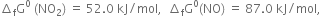 increment subscript straight f straight G to the power of 0 space left parenthesis NO subscript 2 right parenthesis space equals space 52.0 space kJ divided by mol comma space space increment subscript straight f straight G to the power of 0 left parenthesis NO right parenthesis space equals space 87.0 space kJ divided by mol comma space