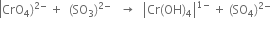 left enclose CrO subscript 4 right parenthesis to the power of 2 minus end exponent space plus space space left parenthesis SO subscript 3 right parenthesis to the power of 2 minus end exponent space space space rightwards arrow space space end enclose open vertical bar Cr left parenthesis OH right parenthesis subscript 4 close vertical bar to the power of 1 minus end exponent space plus space left parenthesis SO subscript 4 right parenthesis to the power of 2 minus end exponent
