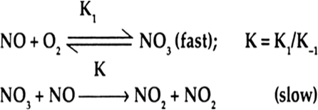 Nitric oxide, NO, reacts with oxygen to produce nitrogen dioxide