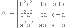 increment space equals space open vertical bar table row cell straight b squared straight c squared end cell cell space space space bc end cell cell space straight b plus straight c end cell row cell straight c squared straight a squared end cell cell space space ca end cell cell straight c plus straight a end cell row cell straight a squared straight b squared end cell cell space ab end cell cell straight a plus straight b end cell end table close vertical bar