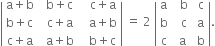 open vertical bar table row cell straight a plus straight b end cell cell space space straight b plus straight c end cell cell space space space straight c plus straight a end cell row cell straight b plus straight c end cell cell space space straight c plus straight a end cell cell space space space straight a plus straight b end cell row cell straight c plus straight a end cell cell space space straight a plus straight b end cell cell space space space straight b plus straight c end cell end table close vertical bar space equals space 2 space open vertical bar table row straight a cell space space straight b end cell cell space straight c end cell row straight b cell space space straight c end cell cell space straight a end cell row straight c cell space straight a end cell cell space straight b end cell end table close vertical bar.