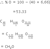 therefore space percent sign space straight O space equals space 100 space minus space left parenthesis 40 space plus space 6.66 right parenthesis

space space space space space space space space space space space space space space equals 53.33

straight C subscript begin inline style 40 over 12 end style end subscript space space space space space straight H subscript begin inline style fraction numerator 6.66 over denominator space 1 end fraction end style end subscript space space space space straight O subscript begin inline style fraction numerator 53.33 over denominator 16 end fraction end style end subscript

space equals space straight C subscript begin inline style fraction numerator 3.33 over denominator 3.33 end fraction end style end subscript space space straight H subscript begin inline style fraction numerator 6.66 over denominator 3.33 end fraction end style end subscript space space straight O subscript begin inline style fraction numerator 3.33 over denominator 3.33 end fraction end style end subscript

equals space CH subscript 2 straight O