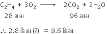 straight C subscript 2 straight H subscript 4 space plus space 3 straight O subscript 2 space space rightwards arrow with space space space space space space space on top space space space space space 2 CO subscript 2 space plus space 2 straight H subscript 2 straight O space
space space space 28 space ગ ્ ર ા મ space space space space space space space space space space space space space space space space space space space space space space space space space space space space space space 96 space ગ ્ ર ા મ

therefore space 2.8 space ક િ ગ ્ ર ા space left parenthesis ? right parenthesis space space equals space 9.6 space ક િ ગ ્ ર ા