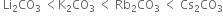 space Li subscript 2 CO subscript 3 space less than straight K subscript 2 CO subscript 3 space less than space Rb subscript 2 CO subscript 3 space less than space Cs subscript 2 CO subscript 3