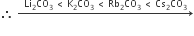 therefore space rightwards arrow with Li subscript 2 CO subscript 3 space less than space straight K subscript 2 CO subscript 3 space less than space Rb subscript 2 CO subscript 3 space less than space Cs subscript 2 CO subscript 3 on top