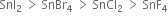 SnI subscript 2 space greater than space SnBr subscript 4 space greater than space SnCl subscript 2 space greater than space SnF subscript 4