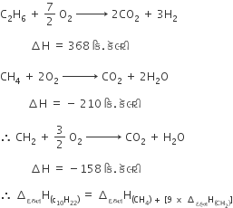 straight C subscript 2 straight H subscript 6 space plus space 7 over 2 space straight O subscript 2 space rightwards arrow with space space space space space space space space on top space 2 CO subscript 2 space plus space 3 straight H subscript 2 space

space space space space space space space space space space space increment straight H space equals space 368 space ક િ. space ક ૅ લર ી

CH subscript 4 space plus space 2 straight O subscript 2 space rightwards arrow with space space space space space space space space space space on top space CO subscript 2 space plus space 2 straight H subscript 2 straight O

space space space space space space space space space space increment straight H space equals space minus space 210 space ક િ. space ક ૅ લર ી

therefore space CH subscript 2 space plus space 3 over 2 space straight O subscript 2 space rightwards arrow with space space space space space space space space space space on top space CO subscript 2 space plus space straight H subscript 2 straight O

space space space space space space space space space space space increment straight H space equals space minus 158 space ક િ. space ક ૅ લર ી

therefore space increment subscript દહન straight H subscript left parenthesis straight c subscript 10 straight H subscript 22 right parenthesis end subscript space equals space increment subscript દહન straight H subscript left parenthesis CH subscript 4 right parenthesis space plus space left square bracket 9 space cross times space increment subscript દહન straight H subscript left parenthesis CH subscript 2 right parenthesis end subscript right square bracket end subscript