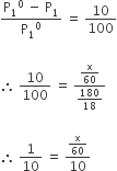 fraction numerator straight P subscript 1 to the power of 0 space minus space straight P subscript 1 over denominator straight P subscript 1 to the power of 0 end fraction space equals space 10 over 100

therefore space 10 over 100 space equals space fraction numerator straight x over 60 over denominator 180 over 18 end fraction

therefore space 1 over 10 space equals space fraction numerator straight x over 60 over denominator 10 end fraction