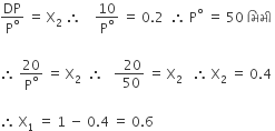 DP over straight P to the power of degree space equals space straight X subscript 2 space therefore space space space space 10 over straight P to the power of degree space equals space 0.2 space space therefore space straight P to the power of degree space equals space 50 space મ િ મ ી

therefore space 20 over straight P to the power of degree space equals space straight X subscript 2 space space therefore space space space fraction numerator space space 20 over denominator space 50 end fraction space equals space straight X subscript 2 space space space therefore space straight X subscript 2 space equals space 0.4 space

therefore space straight X subscript 1 space equals space 1 space minus space 0.4 space equals space 0.6 space