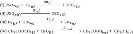 bold left parenthesis bold I bold right parenthesis bold space bold 2 bold SO subscript bold 2 bold left parenthesis bold g bold right parenthesis end subscript bold space bold plus bold space bold O subscript bold 2 bold left parenthesis bold g bold right parenthesis end subscript bold space bold rightwards arrow with bold space bold space bold space bold space bold space bold space bold space bold NO subscript bold left parenthesis bold g bold right parenthesis end subscript bold space bold space bold space bold space bold space bold space bold space bold space bold space bold space bold space on top bold space bold 2 bold SO subscript bold 3 bold left parenthesis bold s bold right parenthesis end subscript
bold left parenthesis bold II bold right parenthesis bold space bold 2 bold SO subscript bold 2 bold left parenthesis bold g bold right parenthesis end subscript bold space bold rightwards arrow with bold space bold space bold space bold space bold space bold space bold space bold space bold space bold left square bracket bold Pt subscript bold left parenthesis bold s bold right parenthesis end subscript bold right square bracket bold space bold space bold space bold space bold space bold space bold space bold space on top bold space bold 2 bold SO subscript bold 3 bold left parenthesis bold s bold right parenthesis end subscript
bold left parenthesis bold III bold right parenthesis bold space bold N subscript bold 2 bold left parenthesis bold g bold right parenthesis end subscript bold space bold plus bold space bold 3 bold H subscript bold 2 bold left parenthesis bold g bold right parenthesis end subscript bold space bold rightwards arrow with bold space bold space bold space bold space bold space bold space bold space bold space bold space bold left square bracket bold Fe subscript bold left parenthesis bold s bold right parenthesis end subscript bold right square bracket bold space bold space bold space bold space bold space bold space bold space on top bold space bold 2 bold H subscript bold 3 bold left parenthesis bold g bold right parenthesis end subscript bold space
bold left parenthesis bold IV bold right parenthesis bold space bold CH subscript bold 3 bold COOCH subscript bold 3 bold left parenthesis bold l bold right parenthesis end subscript bold space bold plus bold space bold H subscript bold 2 bold O subscript bold left parenthesis bold 1 bold right parenthesis end subscript bold space bold rightwards arrow with bold space bold space bold space bold space bold space bold space bold left square bracket bold H to the power of bold plus subscript bold 9 bold aq bold right parenthesis end subscript bold right square bracket bold space bold space bold space bold space bold space bold space bold space on top bold space bold CH subscript bold 3 bold COOH subscript bold left parenthesis bold aq bold right parenthesis end subscript bold space bold plus bold space bold CH subscript bold 3 bold OH subscript bold left parenthesis bold aq bold right parenthesis end subscript