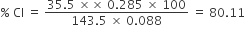 percent sign space Cl space equals space fraction numerator 35.5 space cross times cross times space 0.285 space cross times space 100 over denominator 143.5 space cross times space 0.088 end fraction space equals space 80.11