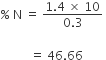 percent sign space straight N space equals space fraction numerator 1.4 space cross times space 10 over denominator 0.3 end fraction space

space space space space space space space space space space equals space 46.66