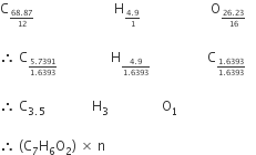 straight C subscript begin inline style fraction numerator 68.87 over denominator 12 end fraction end style end subscript space space space space space space space space space space space space space space space space space space space space space space space space straight H subscript begin inline style fraction numerator 4.9 over denominator 1 end fraction end style end subscript space space space space space space space space space space space space space space space space space space space space space straight O subscript begin inline style fraction numerator 26.23 over denominator 16 end fraction end style end subscript

therefore space straight C subscript begin inline style fraction numerator 5.7391 over denominator 1.6393 end fraction end style end subscript space space space space space space space space space space space space space space space space straight H subscript begin inline style fraction numerator 4.9 over denominator 1.6393 end fraction end style end subscript space space space space space space space space space space space space space space space space space straight C subscript begin inline style fraction numerator 1.6393 over denominator 1.6393 end fraction end style end subscript space space space

therefore space straight C subscript 3.5 end subscript space space space space space space space space space space space space space space straight H subscript 3 space space space space space space space space space space space space space space space space straight O subscript 1 space space

therefore space left parenthesis straight C subscript 7 straight H subscript 6 straight O subscript 2 right parenthesis space cross times space straight n space space space