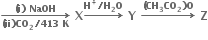 bold rightwards arrow from bold left parenthesis bold ii bold right parenthesis bold CO subscript bold 2 bold divided by bold 413 bold space bold K to bold left parenthesis bold i bold right parenthesis bold space bold NaOH of bold space bold X bold rightwards arrow with bold H to the power of bold plus bold divided by bold H subscript bold 2 bold O on top bold space bold Y bold space bold rightwards arrow with bold left parenthesis bold CH subscript bold 3 bold CO subscript bold 2 bold right parenthesis bold O on top bold space bold Z