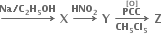 bold rightwards arrow with bold Na bold divided by bold C subscript bold 2 bold H subscript bold 5 bold OH on top bold space bold X bold space bold rightwards arrow with bold HNO subscript bold 2 on top bold space bold Y bold space bold rightwards arrow from bold CH subscript bold 5 bold Cl subscript bold 5 to bold PCC with bold left square bracket bold O bold right square bracket on top of bold space bold Z