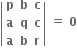 open vertical bar table row bold p bold b bold c row bold a bold q bold c row bold a bold b bold r end table close vertical bar bold space bold equals bold space bold 0