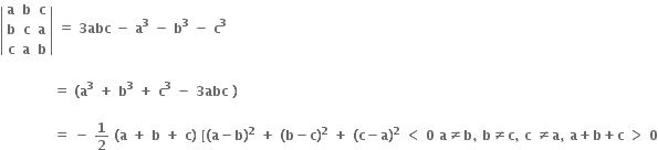 open vertical bar table row bold a bold b bold c row bold b bold c bold a row bold c bold a bold b end table close vertical bar bold space bold equals bold space bold 3 bold abc bold space bold minus bold space bold a to the power of bold 3 bold space bold minus bold space bold b to the power of bold 3 bold space bold minus bold space bold c to the power of bold 3

bold space bold space bold space bold space bold space bold space bold space bold space bold space bold space bold space bold space bold equals bold space bold left parenthesis bold a to the power of bold 3 bold space bold plus bold space bold b to the power of bold 3 bold space bold plus bold space bold c to the power of bold 3 bold space bold minus bold space bold 3 bold abc bold space bold right parenthesis bold space

bold space bold space bold space bold space bold space bold space bold space bold space bold space bold space bold space bold space bold equals bold space bold minus bold space bold 1 over bold 2 bold space bold left parenthesis bold a bold space bold plus bold space bold b bold space bold plus bold space bold c bold right parenthesis bold space bold left square bracket bold left parenthesis bold a bold minus bold b bold right parenthesis to the power of bold 2 bold space bold plus bold space bold left parenthesis bold b bold minus bold c bold right parenthesis to the power of bold 2 bold space bold plus bold space bold left parenthesis bold c bold minus bold a bold right parenthesis to the power of bold 2 bold space bold less than bold space bold 0 bold space bold a bold not equal to bold b bold comma bold space bold b bold not equal to bold c bold comma bold space bold c bold space bold not equal to bold a bold comma bold space bold a bold plus bold b bold plus bold c bold space bold greater than bold space bold 0