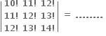 open vertical bar table row cell bold 10 bold factorial end cell cell bold 11 bold factorial end cell cell bold 12 bold factorial end cell row cell bold 11 bold factorial end cell cell bold 12 bold factorial end cell cell bold 13 bold factorial end cell row cell bold 12 bold factorial end cell cell bold 13 bold factorial end cell cell bold 14 bold factorial end cell end table close vertical bar bold space bold equals bold space bold. bold. bold. bold. bold. bold. bold. bold. bold space