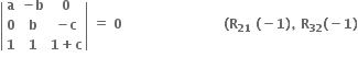 open vertical bar table row bold a cell bold minus bold b end cell bold 0 row bold 0 bold b cell bold minus bold c end cell row bold 1 bold 1 cell bold 1 bold plus bold c end cell end table close vertical bar bold space bold equals bold space bold 0 bold space bold space bold space bold space bold space bold space bold space bold space bold space bold space bold space bold space bold space bold space bold space bold space bold space bold space bold space bold space bold space bold space bold space bold left parenthesis bold R subscript bold 21 bold space bold left parenthesis bold minus bold 1 bold right parenthesis bold comma bold space bold R subscript bold 32 bold left parenthesis bold minus bold 1 bold right parenthesis