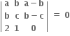 open vertical bar table row bold a bold b cell bold a bold minus bold b end cell row bold b bold c cell bold b bold minus bold c end cell row bold 2 bold 1 bold 0 end table close vertical bar bold space bold equals bold space bold 0