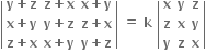 open vertical bar table row cell bold y bold plus bold z end cell cell bold z bold plus bold x end cell cell bold x bold plus bold y end cell row cell bold x bold plus bold y end cell cell bold y bold plus bold z end cell cell bold z bold plus bold x end cell row cell bold z bold plus bold x end cell cell bold x bold plus bold y end cell cell bold y bold plus bold z end cell end table close vertical bar bold space bold equals bold space bold k bold space open vertical bar table row bold x bold y bold z row bold z bold x bold y row bold y bold z bold x end table close vertical bar