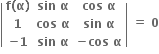 open vertical bar table row cell bold f bold left parenthesis bold alpha bold right parenthesis end cell cell bold sin bold space bold alpha end cell cell bold cos bold space bold alpha end cell row bold 1 cell bold cos bold space bold alpha end cell cell bold sin bold space bold alpha end cell row cell bold minus bold 1 end cell cell bold sin bold space bold alpha end cell cell bold minus bold cos bold space bold alpha end cell end table close vertical bar bold space bold equals bold space bold 0