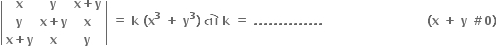 open vertical bar table row bold x bold y cell bold x bold plus bold y end cell row bold y cell bold x bold plus bold y end cell bold x row cell bold x bold plus bold y end cell bold x bold y end table close vertical bar bold space bold equals bold space bold k bold space bold left parenthesis bold x to the power of bold 3 bold space bold plus bold space bold y to the power of bold 3 bold right parenthesis bold space bold ત ો bold space bold k bold space bold equals bold space bold. bold. bold. bold. bold. bold. bold. bold. bold. bold. bold. bold. bold. bold. bold space bold space bold space bold space bold space bold space bold space bold space bold space bold space bold space bold space bold space bold space bold space bold space bold space bold space bold space bold space bold space bold space bold space bold space bold space bold space bold left parenthesis bold x bold space bold plus bold space bold y bold space bold # bold 0 bold right parenthesis