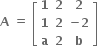 bold A bold space bold equals bold space open square brackets table row bold 1 bold 2 bold 2 row bold 1 bold 2 cell bold minus bold 2 end cell row bold a bold 2 bold b end table close square brackets