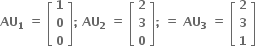 bold AU subscript bold 1 bold space bold equals bold space open square brackets table row bold 1 row bold 0 row bold 0 end table close square brackets bold semicolon bold space bold AU subscript bold 2 bold space bold equals bold space open square brackets table row bold 2 row bold 3 row bold 0 end table close square brackets bold semicolon bold space bold equals bold space bold AU subscript bold 3 bold space bold equals bold space open square brackets table row bold 2 row bold 3 row bold 1 end table close square brackets