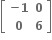 open square brackets table row cell bold minus bold 1 end cell bold 0 row bold 0 bold 6 end table close square brackets