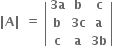 bold vertical line bold A bold vertical line bold space bold equals bold space open vertical bar table row cell bold 3 bold a end cell bold b bold c row bold b cell bold 3 bold c end cell bold a row bold c bold a cell bold 3 bold b end cell end table close vertical bar