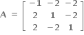 bold A bold space bold equals bold space open square brackets table row cell bold minus bold 1 end cell cell bold minus bold 2 end cell cell bold minus bold 2 end cell row bold 2 bold 1 cell bold minus bold 2 end cell row bold 2 cell bold minus bold 2 end cell bold 1 end table close square brackets