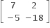 open square brackets table row bold 7 bold 2 row cell bold minus bold 5 end cell cell bold minus bold 18 end cell end table close square brackets