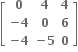 open square brackets table row bold 0 bold 4 bold 4 row cell bold minus bold 4 end cell bold 0 bold 6 row cell bold minus bold 4 end cell cell bold minus bold 5 end cell bold 0 end table close square brackets