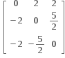 bold space open square brackets table row bold 0 bold 2 bold 2 row cell bold minus bold 2 end cell bold 0 cell bold 5 over bold 2 end cell row cell bold minus bold 2 end cell cell bold minus bold 5 over bold 2 end cell bold 0 end table close square brackets