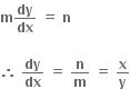 bold m bold dy over bold dx bold space bold equals bold space bold n

bold therefore bold space bold dy over bold dx bold space bold equals bold space bold n over bold m bold space bold equals bold space bold x over bold y