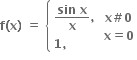 bold f bold left parenthesis bold x bold right parenthesis bold space bold equals bold space open curly brackets table attributes columnalign left end attributes row cell fraction numerator bold sin bold space bold x over denominator bold x end fraction bold comma end cell row cell bold 1 bold comma end cell end table close table row cell bold x bold # bold 0 end cell row cell bold x bold equals bold 0 end cell end table