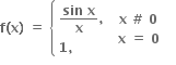 bold f bold left parenthesis bold x bold right parenthesis bold space bold equals bold space open curly brackets table attributes columnalign left end attributes row cell fraction numerator bold sin bold space bold x over denominator bold x end fraction bold comma bold space end cell row cell bold 1 bold comma end cell end table close table row cell bold x bold space bold # bold space bold 0 bold space end cell row cell bold x bold space bold equals bold space bold 0 bold space end cell end table bold space bold space