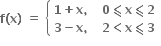 bold f bold left parenthesis bold x bold right parenthesis bold space bold equals bold space open curly brackets table attributes columnalign left columnspacing 1.4ex end attributes row cell bold 1 bold plus bold x bold comma bold space end cell cell bold 0 bold less-than or slanted equal to bold x bold less-than or slanted equal to bold 2 end cell row cell bold 3 bold minus bold x bold comma bold space end cell cell bold 2 bold less than bold x bold less-than or slanted equal to bold 3 end cell end table close