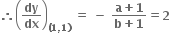 bold therefore open parentheses bold dy over bold dx close parentheses subscript bold left parenthesis bold 1 bold comma bold 1 bold right parenthesis end subscript bold space bold equals bold space bold minus bold space fraction numerator bold a bold plus bold 1 over denominator bold b bold plus bold 1 end fraction bold equals bold 2