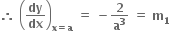 bold therefore bold space open parentheses bold dy over bold dx close parentheses subscript bold x bold equals bold a end subscript bold space bold equals bold space bold minus bold 2 over bold a to the power of bold 3 bold space bold equals bold space bold m subscript bold 1