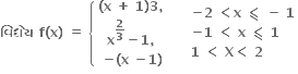 bold વ િ ધ ે ય bold space bold f bold left parenthesis bold x bold right parenthesis bold space bold equals bold space open curly brackets table row cell bold left parenthesis bold x bold space bold plus bold space bold 1 bold right parenthesis bold 3 bold comma bold space end cell row cell bold x to the power of bold 2 over bold 3 end exponent bold minus bold 1 bold comma bold space end cell row cell bold minus bold left parenthesis bold x bold space bold minus bold 1 bold right parenthesis end cell end table close bold space bold space bold space table attributes columnalign left end attributes row cell bold minus bold 2 bold space bold less than bold x bold space bold less-than or slanted equal to bold space bold minus bold space bold 1 end cell row cell bold minus bold 1 bold space bold less than bold space bold x bold space bold less-than or slanted equal to bold space bold 1 end cell row cell bold 1 bold space bold less than bold space bold X bold less than bold space bold 2 end cell end table