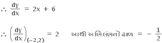 bold therefore bold space bold dy over bold dx bold space bold equals bold space bold 2 bold x bold space bold plus bold space bold 6

bold therefore bold space open parentheses bold dy over bold dx close parentheses subscript bold left parenthesis bold minus bold 2 bold comma bold 2 bold right parenthesis end subscript bold space bold equals bold space bold 2 bold space bold space bold space bold space bold space bold space bold આથ ી bold space bold અભ િ લ ં ભન ો bold space bold ઢ ા ળ bold space bold equals bold space bold minus bold space bold 1 over bold 2