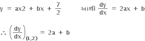 bold y bold space bold equals bold space bold ax bold 2 bold space bold plus bold space bold bx bold space bold plus bold space bold 7 over bold 2 bold space bold space bold space bold space bold space bold space bold space bold space bold space bold space bold આથ ી bold space bold dy over bold dx bold space bold equals bold space bold 2 bold ax bold space bold plus bold space bold b

bold therefore bold space open parentheses bold dy over bold dx close parentheses subscript bold left parenthesis bold 1 bold comma bold 2 bold right parenthesis end subscript bold space bold equals bold space bold 2 bold a bold space bold plus bold space bold b